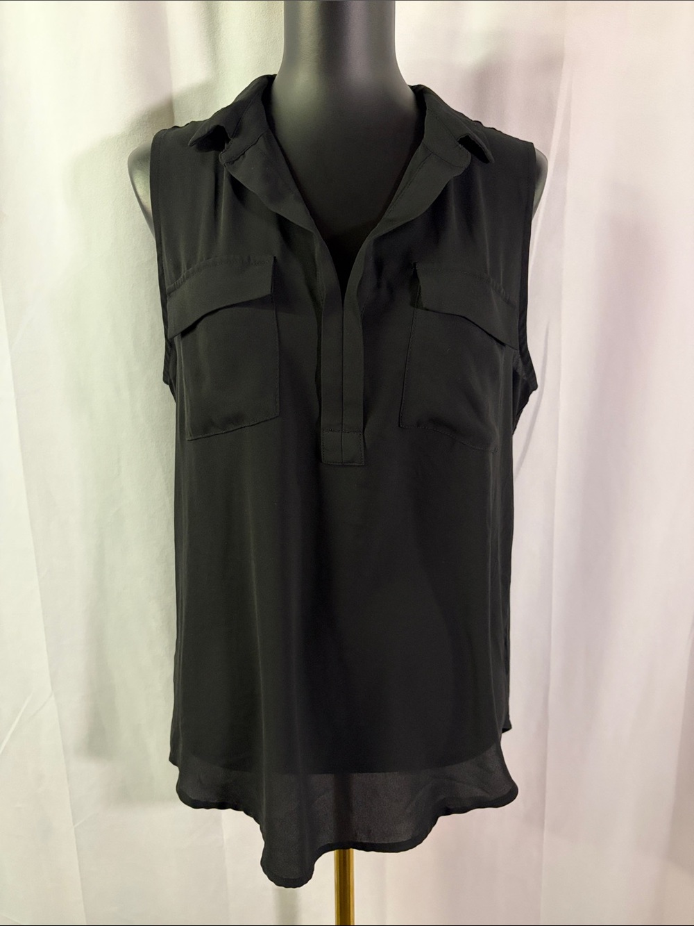 LOFT Black Mixed Media Sleeveless Collared V-Neck Blouse